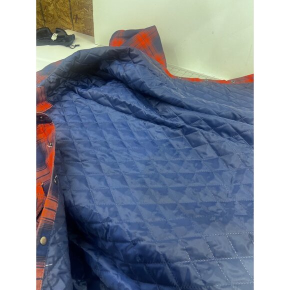 Men's Quilted Flannel Shirt Jacket Plaid Blue & Orange Sz. L Pearl Snap Vintage - Picture 4 of 13